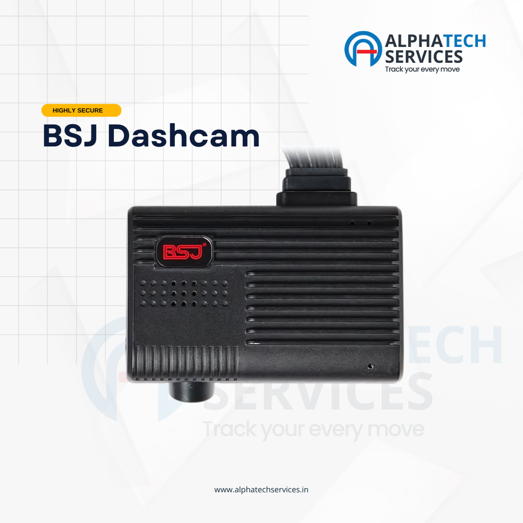 A black BSJ Dashcam device with a red BSJ logo badge, shown on a white grid background with 'ALPHATECH SERVICES' branding and 'BSJ Dashcam' text.
