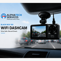 Black box 150 WiFi dashcam mounted on a car's windshield with a suction cup, shown with promotional text for Alphatech Services.