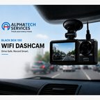 Black box 150 WiFi dashcam mounted on a car's windshield with a suction cup, shown with promotional text for Alphatech Services.