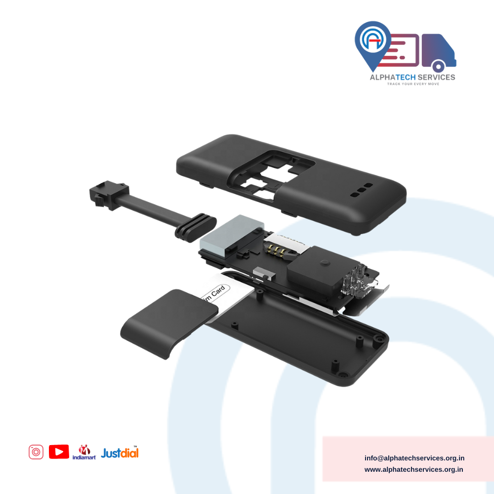 An exploded view diagram of a black electronic device, showing its separated components laid out on a white background with the Alphatech Services logo in the top right.
