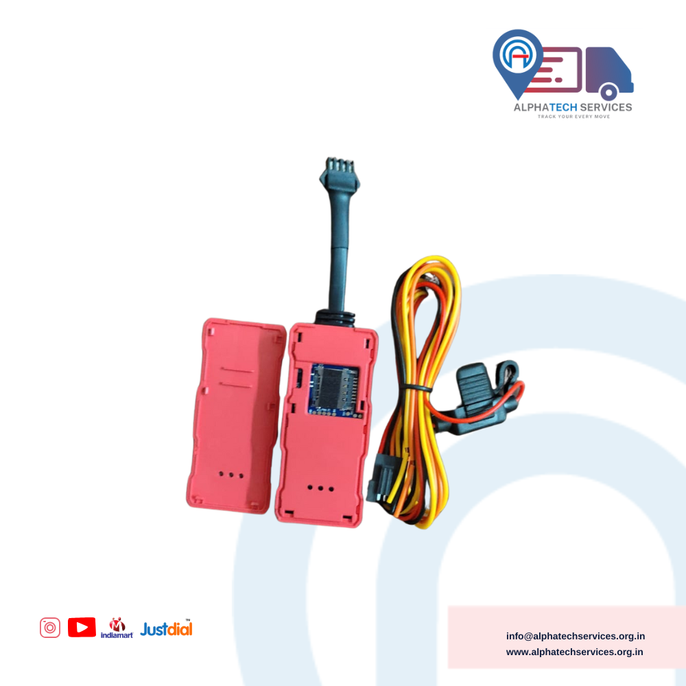 A red GPS Tracker with a black antenna, a yellow and orange wire harness, and two red plastic cases, shown on a white background with Alphatech Services branding.
