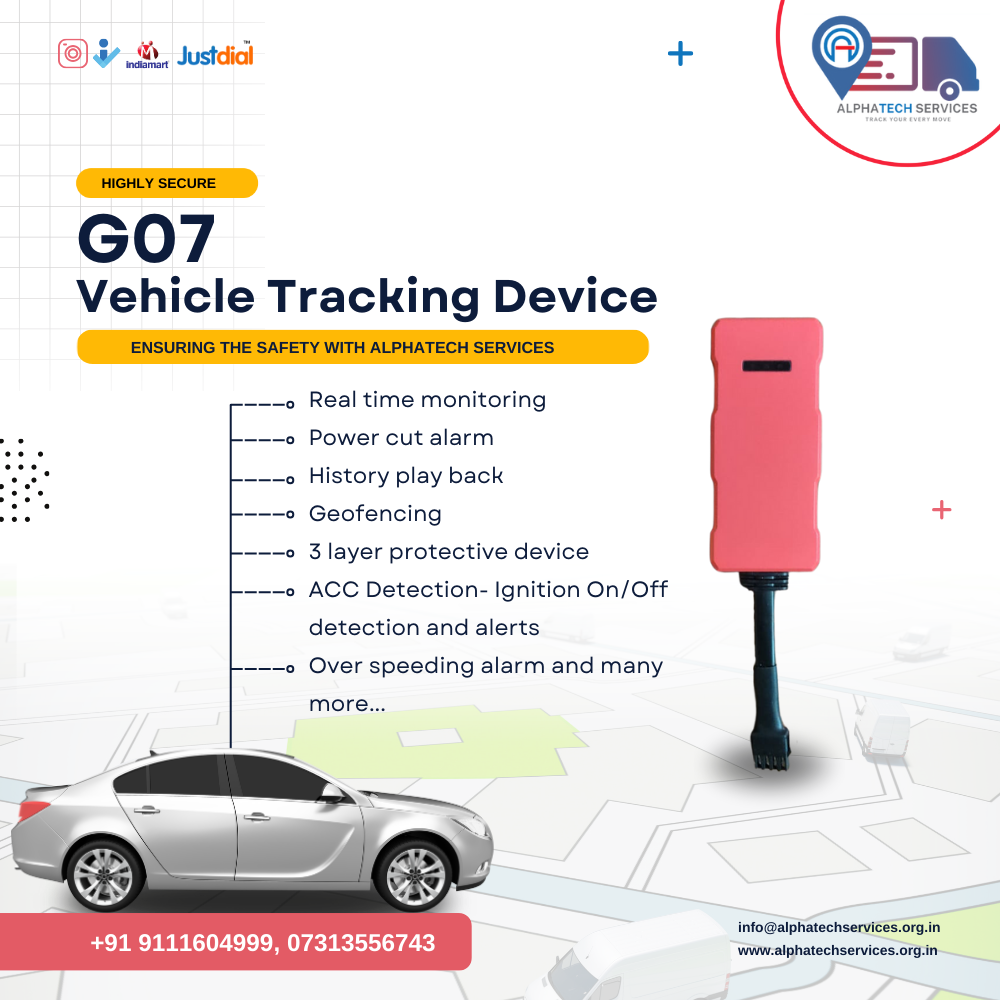 Promotional graphic for the Alphatech Services G07 Vehicle Tracking Device, showing a pink rectangular tracker with a black antenna on the right, a silver sedan on the bottom left, feature text in the center, and the Alphatech Services logo at the top right.