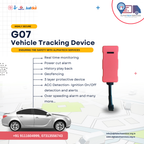 Promotional graphic for the Alphatech Services G07 Vehicle Tracking Device, showing a pink rectangular tracker with a black antenna on the right, a silver sedan on the bottom left, feature text in the center, and the Alphatech Services logo at the top right.