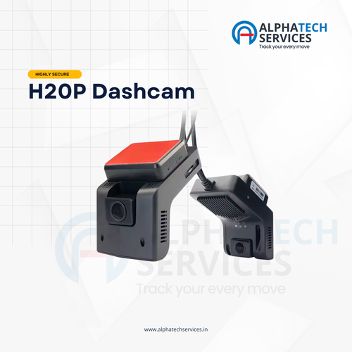 Black H20P dashcam with a red top cover and dual antennas, shown alongside a second angle of the device on a white grid background with Alphatech Services branding.