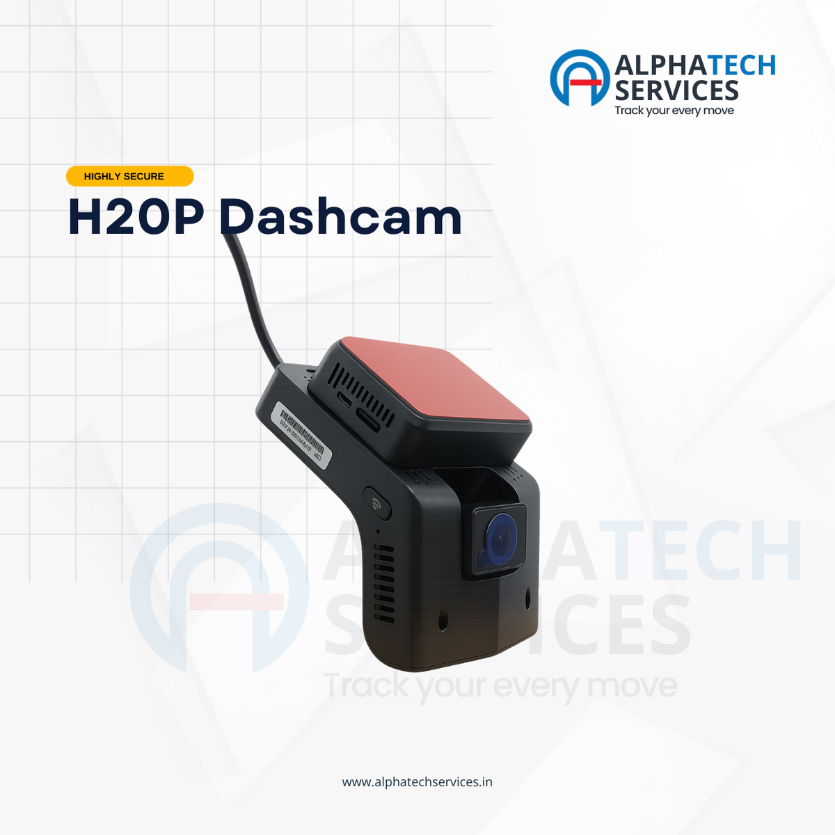 A black H20P dashcam with a red top cover and a blue lens, shown on a white grid background with Alphatech Services branding.