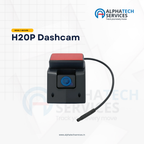 A black H20P dashcam with a red top cover and a blue power button, shown with a black cable on a white grid background with Alphatech Services branding.