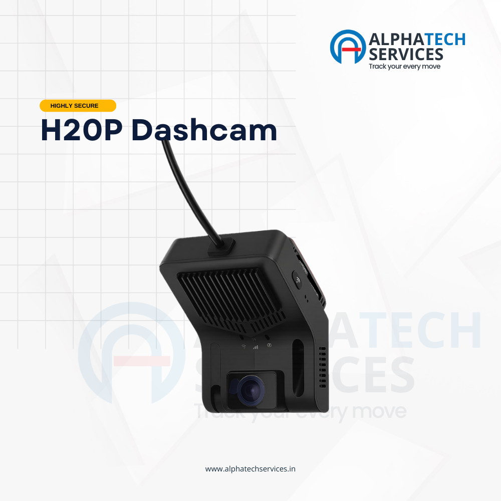 A black H20P dashcam with a rear-view lens and a rear-facing vented grille, shown on a white background with 'ALPHATECH SERVICES' branding and 'H20P Dashcam' text.