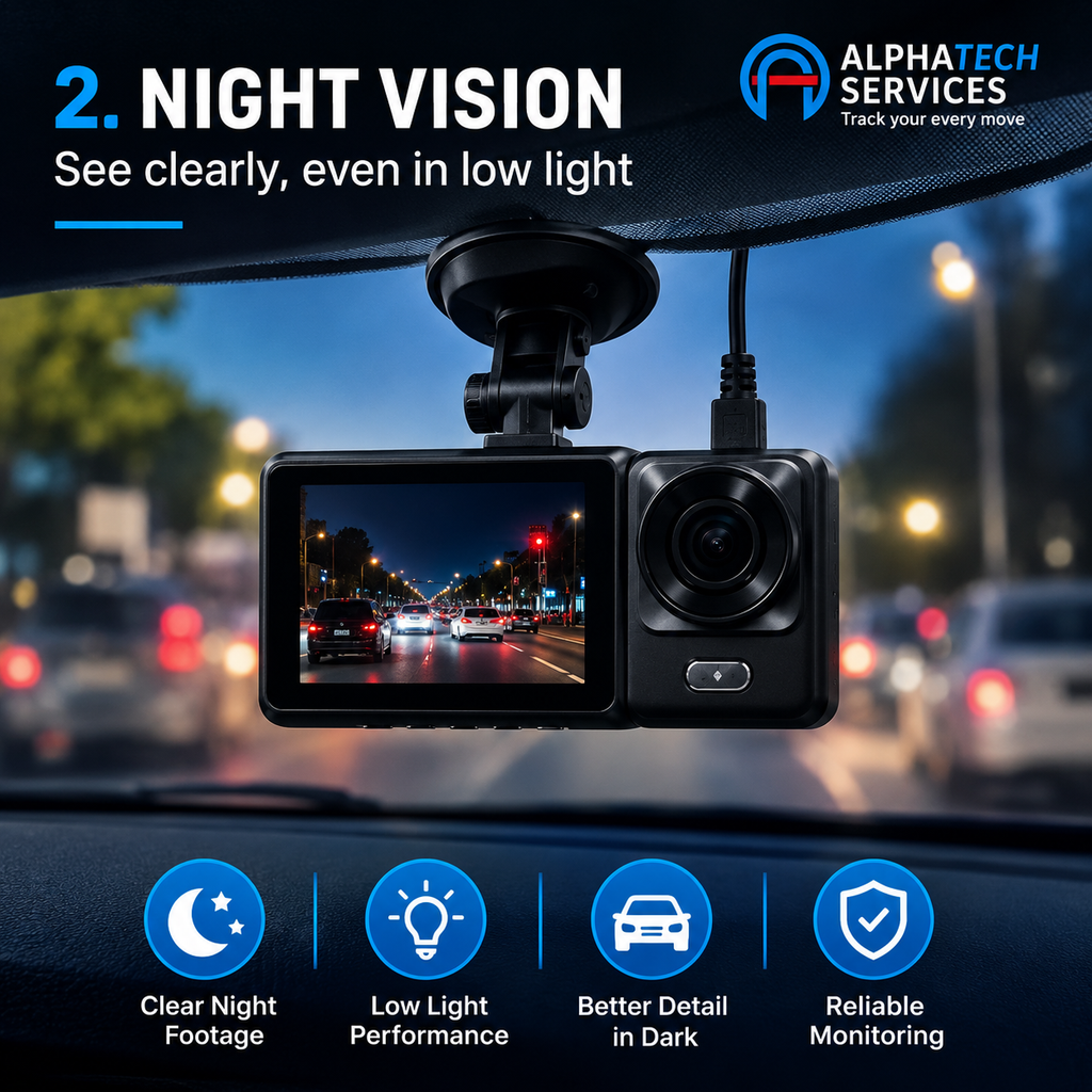 Black dash cam with a suction mount shown in front of a blurred nighttime city street view through a car windshield. Large text reads '2.