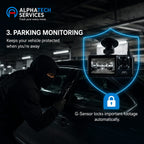 Alphatech Services promotional graphic for a parking camera security system, showing a person in a black hoodie and mask attempting to open a car door in a parking garage, with an inset of the black parking monitor on a suction mount and glowing blue security icons.