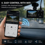 A black dash cam with a suction mount shown in a car interior, alongside a hand holding a smartphone displaying the BlackBox150 companion app. The image includes marketing text about WiFi control and feature icons for connection, live view on phone, download footage, and share instantly.