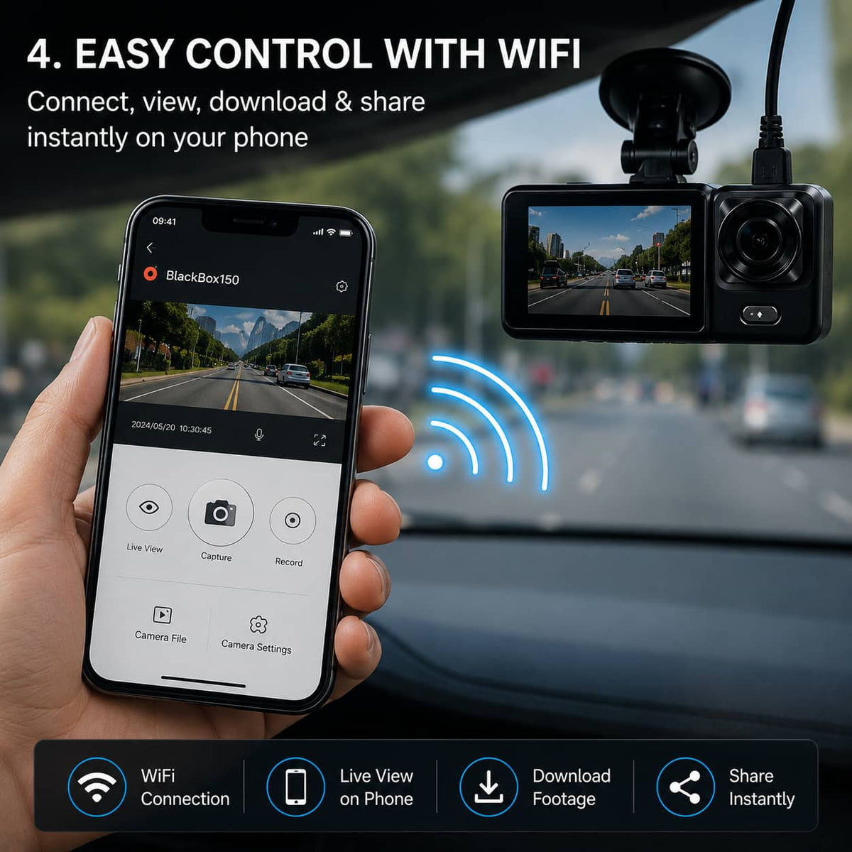 A black dash cam with a suction mount shown in a car interior, alongside a hand holding a smartphone displaying the BlackBox150 companion app. The image includes marketing text about WiFi control and feature icons for connection, live view on phone, download footage, and share instantly.