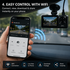 A black dash cam with a suction mount shown in a car interior, alongside a hand holding a smartphone displaying the BlackBox150 companion app. The image includes marketing text about WiFi control and feature icons for connection, live view on phone, download footage, and share instantly.