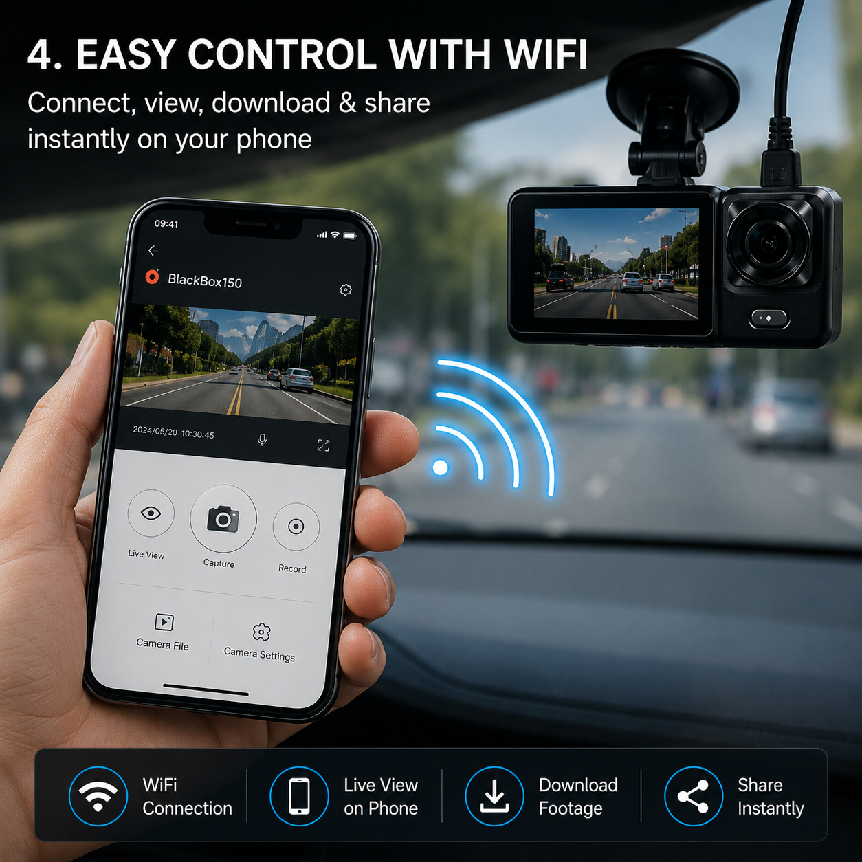 A black dash cam with a suction mount shown in a car interior, alongside a hand holding a smartphone displaying the BlackBox150 companion app. The image includes marketing text about WiFi control and feature icons for connection, live view on phone, download footage, and share instantly.