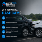 Promotional graphic for Alphatech Services featuring a black sedan with a damaged front end colliding with a white vehicle, with text listing benefits of a dashcam in accidents, fraud protection, driving behavior monitoring, safety, and peace of mind.