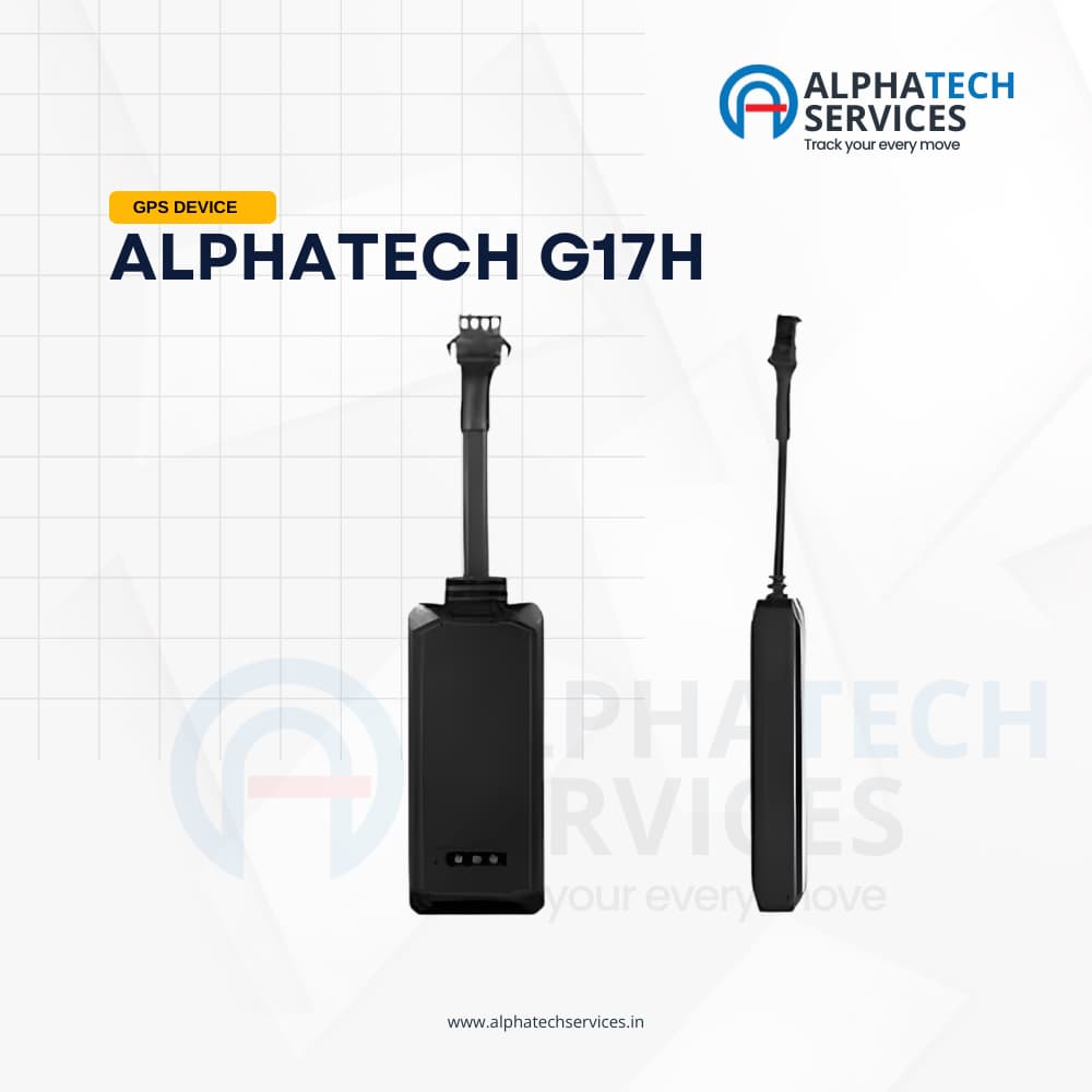Alphatech G17H GPS tracker showing front and side profile with wiring connector