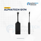 Alphatech G17H GPS tracker showing front and side profile with wiring connector