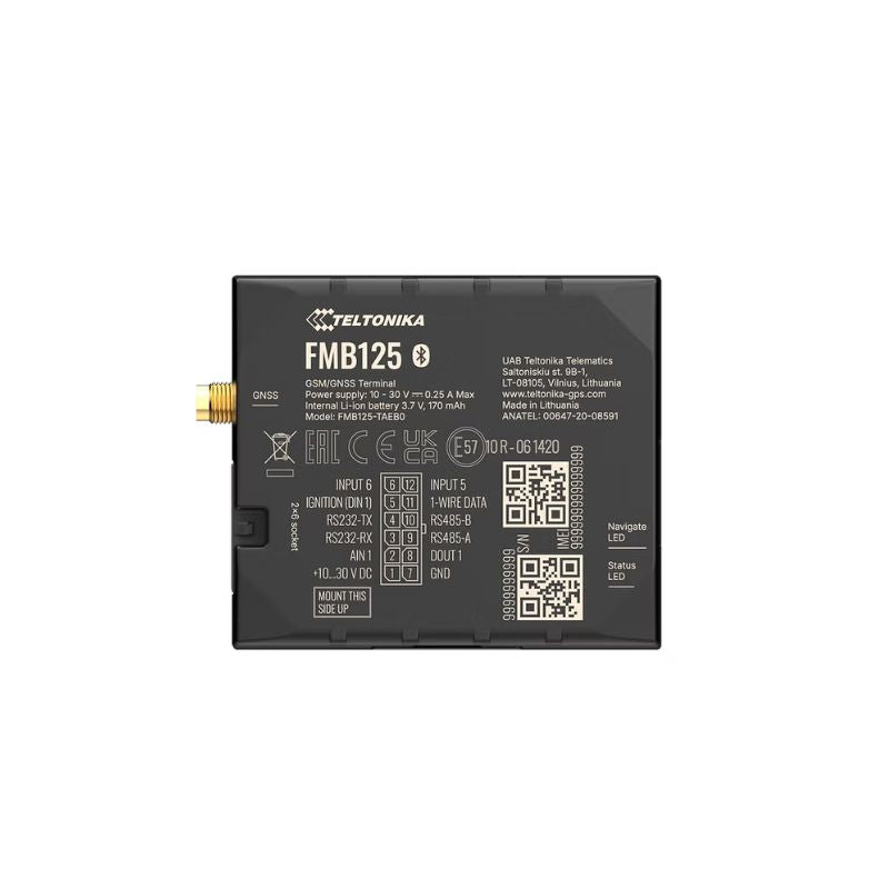A black rectangular battery pack with a gold connector on the left side, featuring white printed text, logos, and QR codes on the front, set against a plain white background.