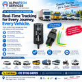 A promotional infographic for the Alphanumeric V5 4G GPS Vehicle Tracker, showing a black rectangular tracker device, a relay module, and various vehicles on a road. The graphic includes feature callouts like real-time tracking, geofencing, speed monitoring, and fuel & mileage reports, along with company contact details and app store badges.