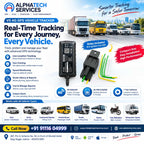 A promotional infographic for the Alphanumeric V5 4G GPS Vehicle Tracker, showing a black rectangular tracker device, a relay module, and various vehicles on a road. The graphic includes feature callouts like real-time tracking, geofencing, speed monitoring, and fuel & mileage reports, along with company contact details and app store badges.