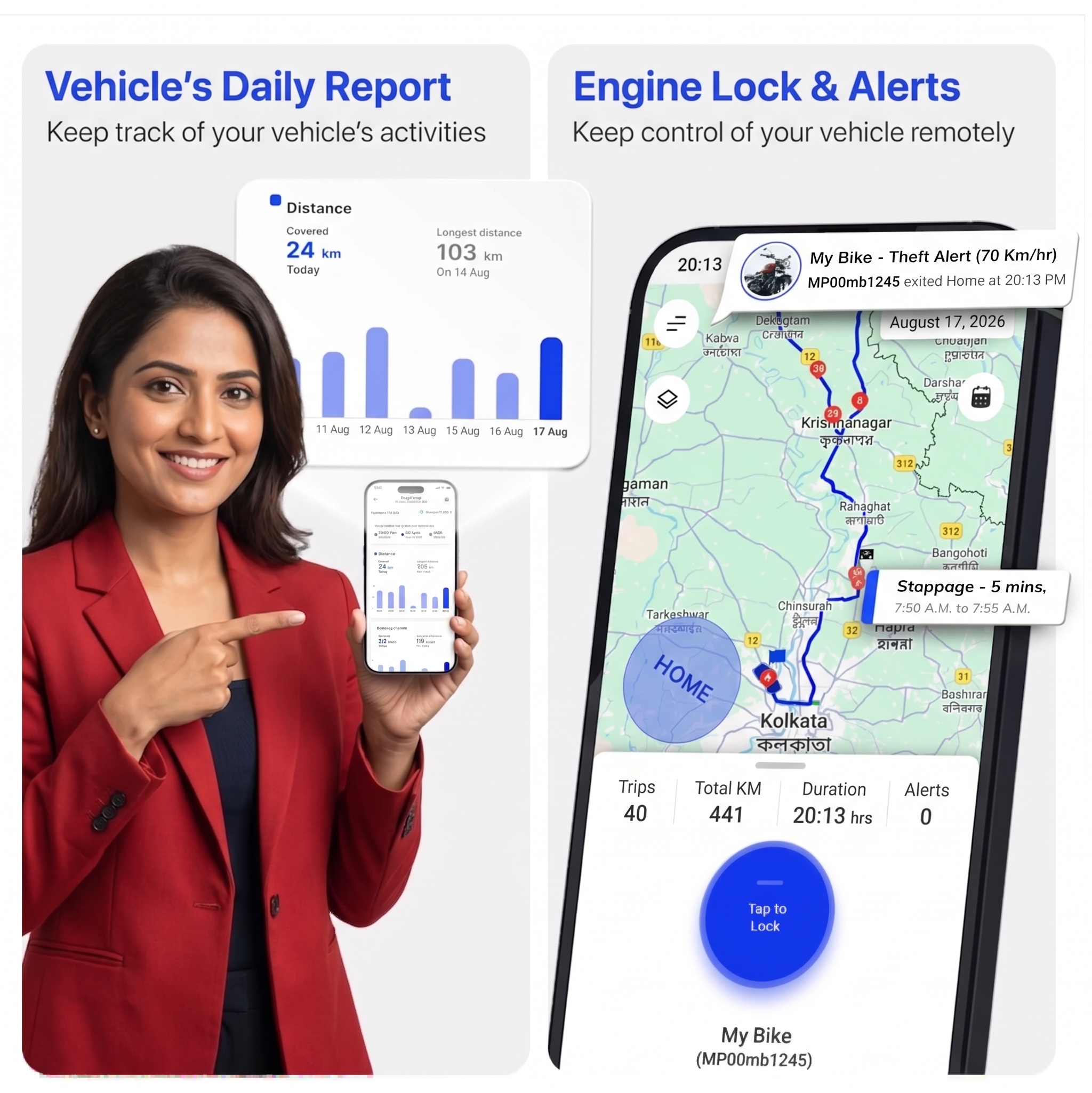 Promotional graphic for a vehicle tracking and remote lock service, showing a woman in a red blazer pointing at a smartphone screen with a vehicle daily report and map interface. Text reads 'Vehicle's Daily Report' and 'Engine Lock & Alerts.