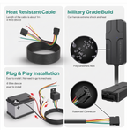 An infographic-style product explainer for a 4-wire automotive cable adapter. The layout shows the product itself along with feature callouts: a coiled black heat-resistant cable, a close-up of the black rectangular connector housing with multicolored wires, a battery connection diagram with arrows, and a circular inset labeled Polycarbonate ABS plus a rustproof connector.