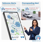 Promotional graphic for Alphatech Services showing a smartphone app interface with safezone and overspeeding alerts, alongside text callouts and a woman in a navy blazer pointing toward the screen.