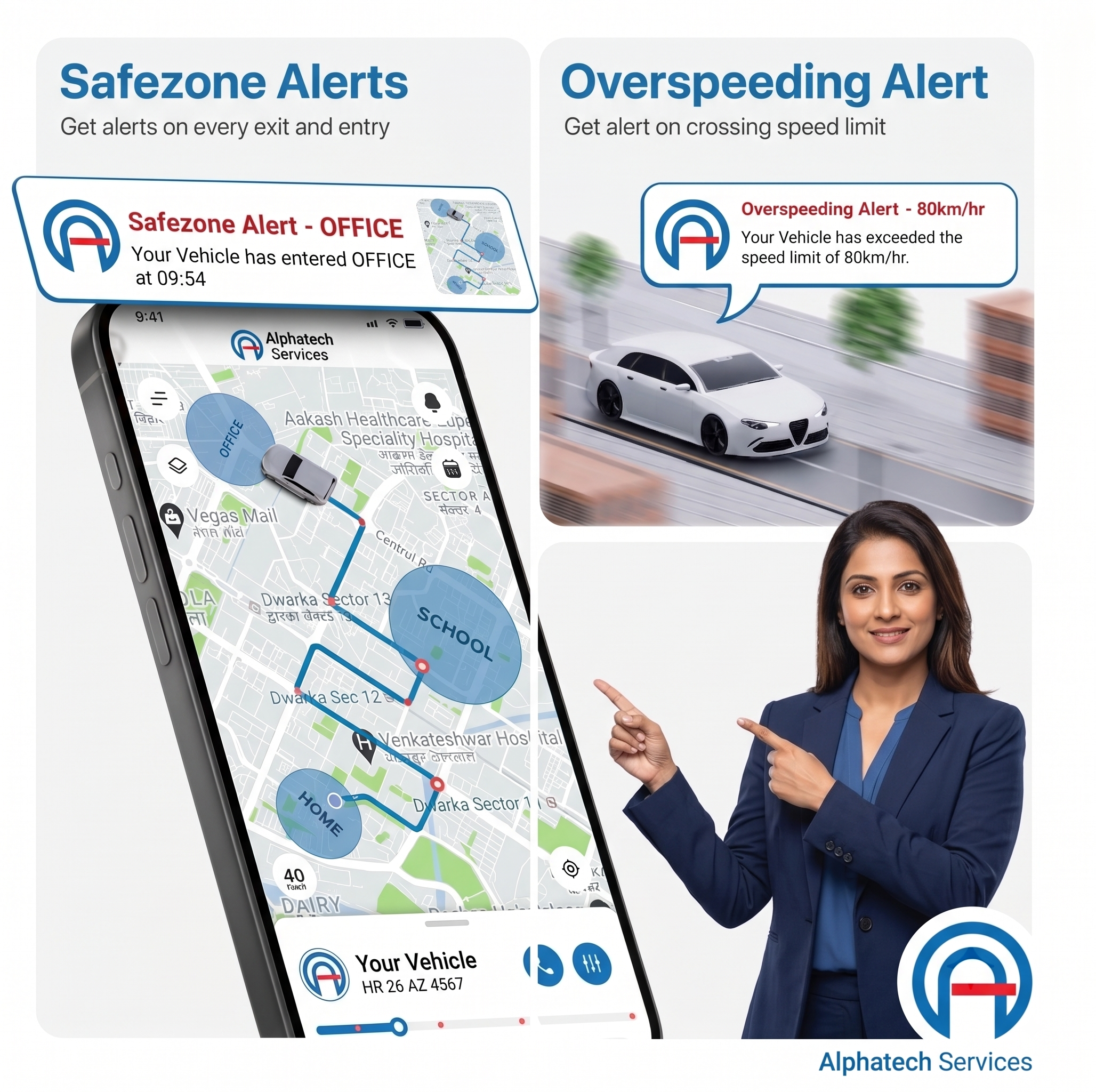 Promotional graphic for Alphatech Services showing a smartphone app interface with safezone and overspeeding alerts, alongside text callouts and a woman in a navy blazer pointing toward the screen.